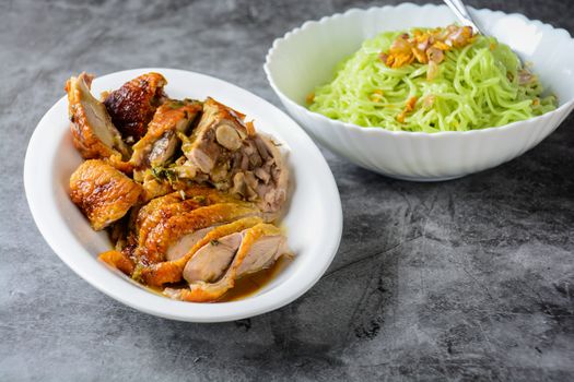 Roasted duck noodles, green noodles with roasted duck, Asian foods
