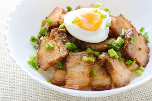 Bowl of rice topped with Braised pork belly and boiled egg, Japanese called Kakuni-don
