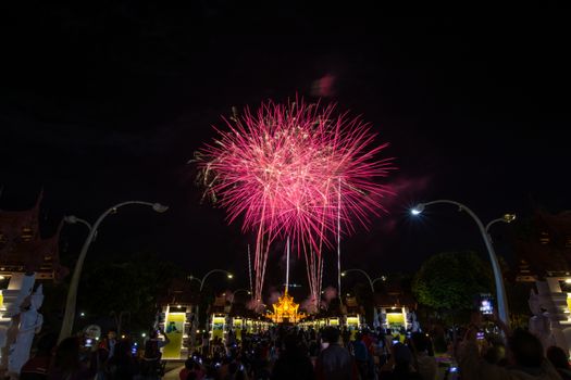 Colorful Rainbow Fireworks in the New Year 2018 Events at Royal Flora Ratchaphruek, Chiang Mai, Thailand
