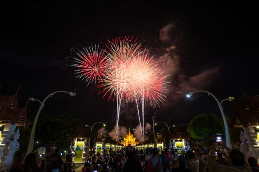 Colorful Rainbow Fireworks in the New Year 2018 Events at Royal Flora Ratchaphruek, Chiang Mai, Thailand
