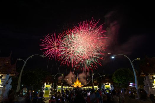 Colorful Rainbow Fireworks in the New Year 2018 Events at Royal Flora Ratchaphruek, Chiang Mai, Thailand
