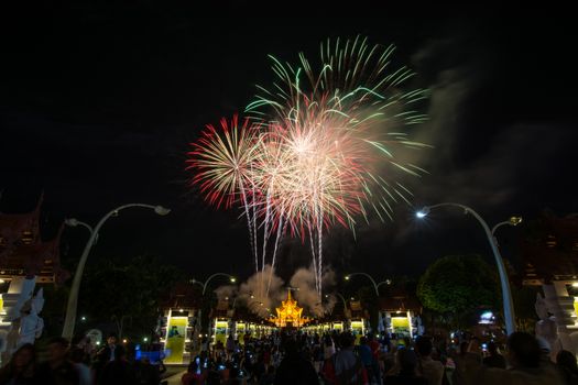 Colorful Rainbow Fireworks in the New Year 2018 Events at Royal Flora Ratchaphruek, Chiang Mai, Thailand
