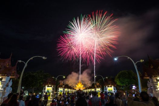 Colorful Rainbow Fireworks in the New Year 2018 Events at Royal Flora Ratchaphruek, Chiang Mai, Thailand
