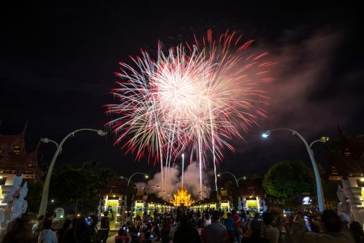 Colorful Rainbow Fireworks in the New Year 2018 Events at Royal Flora Ratchaphruek, Chiang Mai, Thailand
