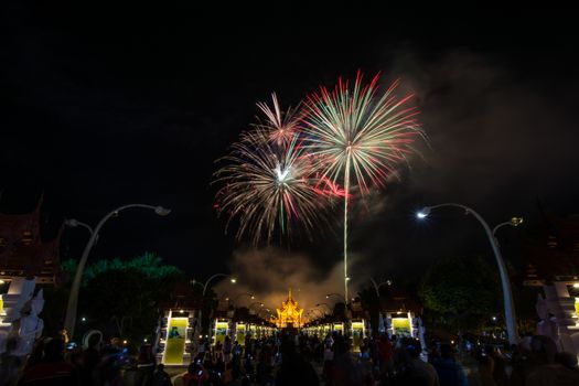 Colorful Rainbow Fireworks in the New Year 2018 Events at Royal Flora Ratchaphruek, Chiang Mai, Thailand
