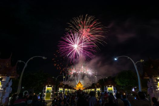 Colorful Rainbow Fireworks in the New Year 2018 Events at Royal Flora Ratchaphruek, Chiang Mai, Thailand
