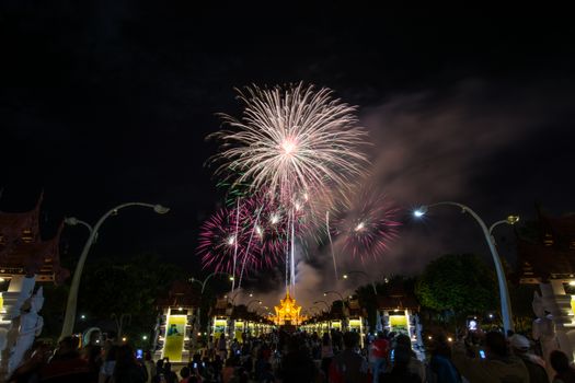 Colorful Rainbow Fireworks in the New Year 2018 Events at Royal Flora Ratchaphruek, Chiang Mai, Thailand
