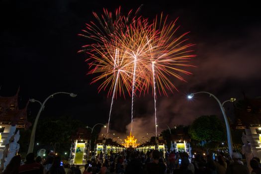 Colorful Rainbow Fireworks in the New Year 2018 Events at Royal Flora Ratchaphruek, Chiang Mai, Thailand
