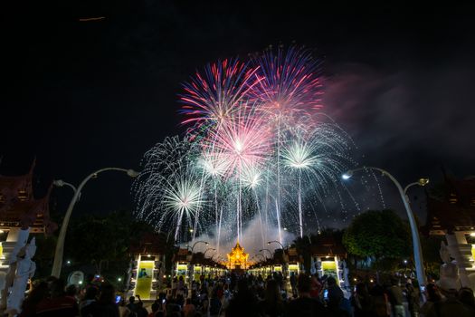 Colorful Rainbow Fireworks in the New Year 2018 Events at Royal Flora Ratchaphruek, Chiang Mai, Thailand
