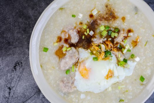 Congee, Rice porridge with minced pork, boiled egg, great for breakfast.
