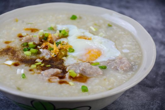 Congee, Rice porridge with minced pork, boiled egg, great for breakfast.
