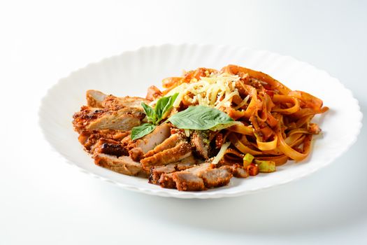 Steak meat with spaghetti and cheese on white background.