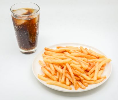 French fries on white dish and white background.