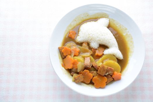 Japanese curry with dolphin rice shape and fried chicken. (Karaage)