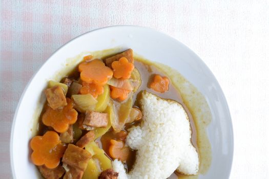 Japanese curry with dolphin rice shape and fried chicken. (Karaage)