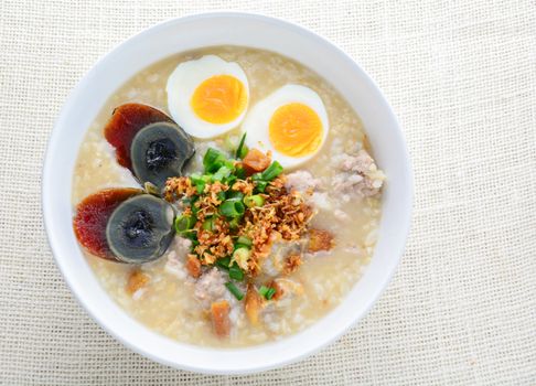 Congee, Rice porridge with minced pork, boiled egg and century egg, great for breakfast.