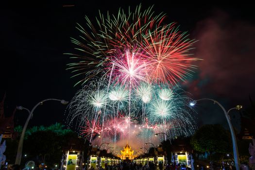 Colorful Rainbow Fireworks in the New Year 2018 Events at Royal Flora Ratchaphruek, Chiang Mai, Thailand
