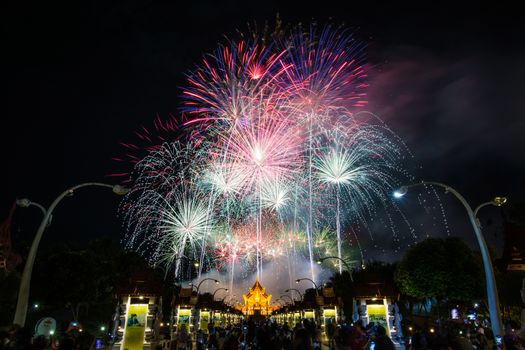 Colorful Rainbow Fireworks in the New Year 2018 Events at Royal Flora Ratchaphruek, Chiang Mai, Thailand
