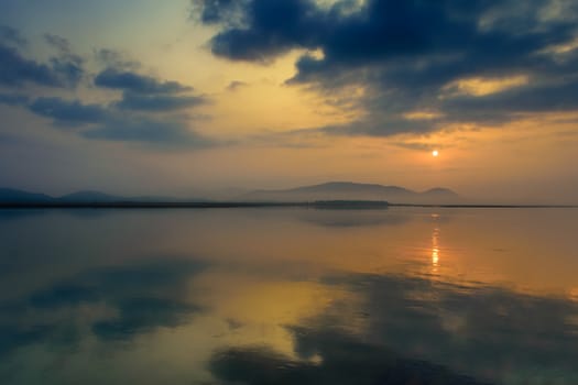 Sunrise over Mahanadi river, Odisha, Eastern Ghat mountain range, copy space