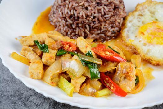 Stir fry chicken sweet onion and peppers, served with brown rice and fried egg on white plate
