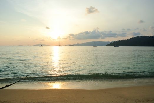 Sea tropical landscape with mountains and rocks, blue sea and blue sky