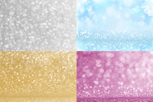 Set of multicolored festive glitter background with defocused lights