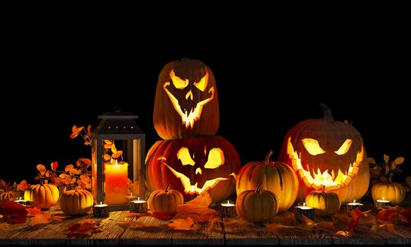 Background with carved scary pumpkins, candles and dry leaves on a wooden base