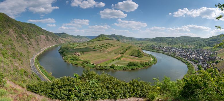 Panoramic image of the Moselle river loop close to Bremm, Germany