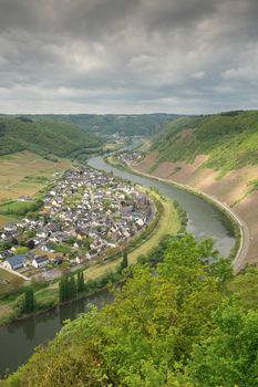 Panoramic image of the Moselle village Ernst close to Cochem on a dully day in springtime, Germany