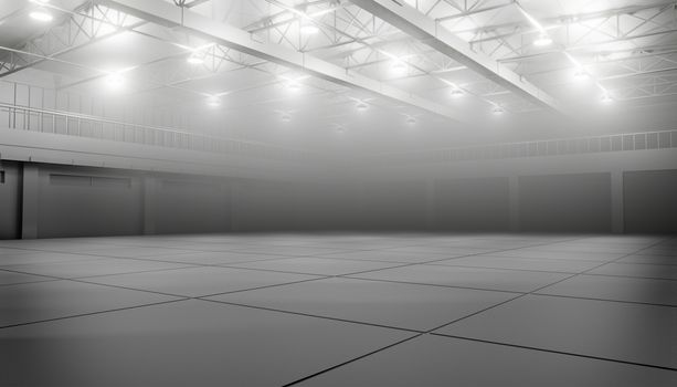 Modern empty dark storehouse with smoke at the end. 3D illustration