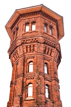 High brick tower isolated on white background.