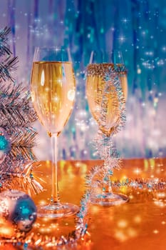 Glasses with wine, tinsel, Christmas tree and toys on the Golden surface