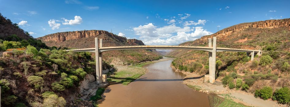 View to the valley with new bridge across mountain river Blue Nile near Bahir Dar, Ethiopia.