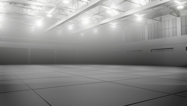 Modern empty dark storehouse with smoke at the end. 3D illustration