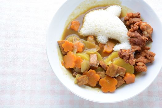 Japanese curry with dolphin rice shape and fried chicken. (Karaage)