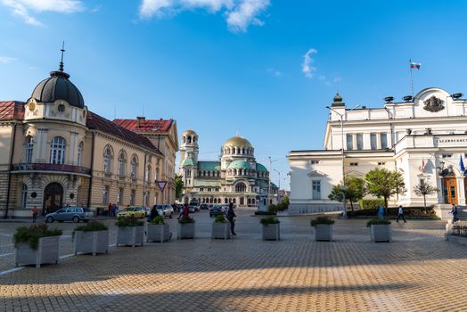 Sofia, Bulgaria - May 2, 2019:  View to National Assembly building and Alexander Nevsky Cathedral from National Assembly Square. Sofia, Bulgaria