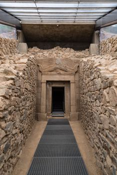 Kazanlak, Bulgaria - May 7, 2019:  Thracian tomb Griffins - entrance to the tomb.