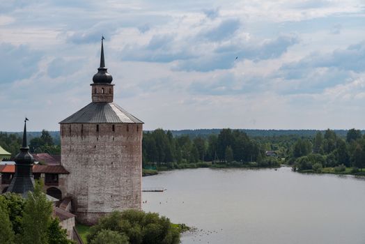 View from the bell tower to the Blacksmith Tower. Kirillo-Belozersky monastery. Monastery of the Russian Orthodox Church,
located in the city of Kirillov, Vologda Oblast.