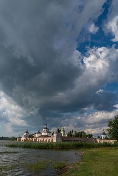 View from lake to Kirillo-Belozersky monastery. Monastery of the Russian Orthodox Church, located within the city of Kirillov, Vologda region. Russia