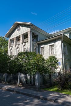 Vologda, Russia - July 28, 2019: Old wooden house Manor of the Nobility Leontief in Leningradskaya street, Vologda city, Russia