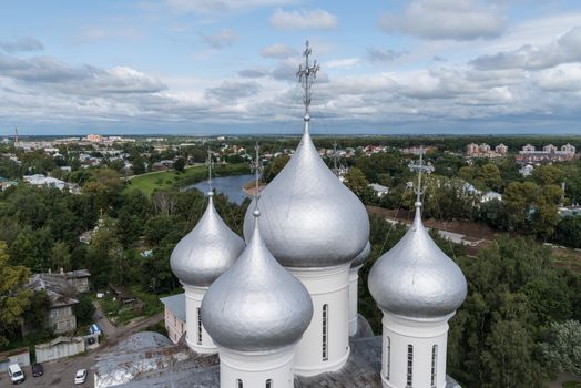 Domes of St. Sophia Cathedral in the Vologda Kremlin and city panorama  from bell tower of cathedral. Vologda, Russia