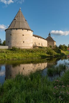 View to Elena river, Gate Tower and Strelochnaya Tower of the old medieval Old Ladoga Fortress in Russia