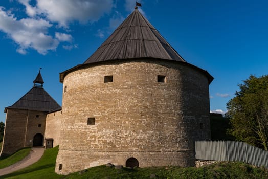 Gate Tower and Klimentovskaya Tower of the Old Medieval Old Ladoga Fortress in Russia