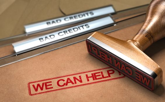 Close up of a rubber stamp with the text we can help over bad credits folders. Concept of debts solutions.