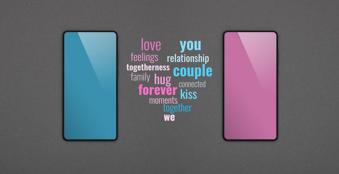 Close up two smartphones with blank screens, blue and pink, and communication messages over grey paper background, flat lay, directly above