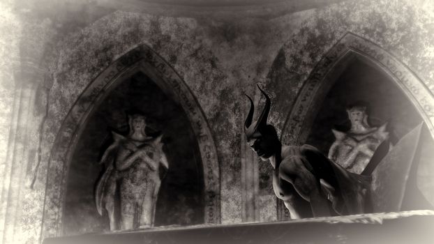 Fallen angel satan in a dark crypt - 3d rendering
