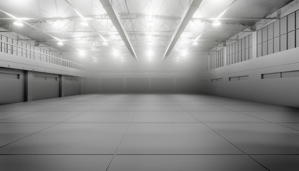 Modern empty dark storehouse with smoke at the end. 3D illustration