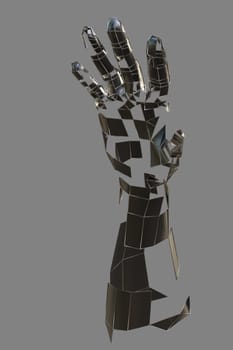 Abstract robot hand. Metal hand on grey background. 3D illustration