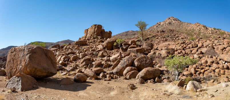Brandberg mountain landscape in place, with White Lady rock paintings. Namibia, Africa wilderness