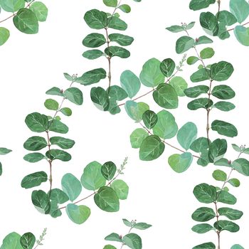 Watercolor snowberry branch seamless pattern with green leaves, floral element